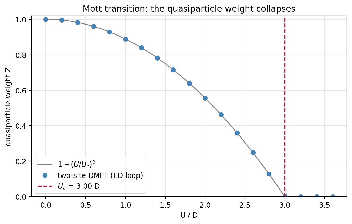 Quasiparticle weight Z versus U over D. Blue points from the exact-diagonalization DMFT loop sit precisely on the gray curve 1 minus (U over U_c) squared, falling from 1 at U=0 to zero at the dashed red line U_c = 3D.