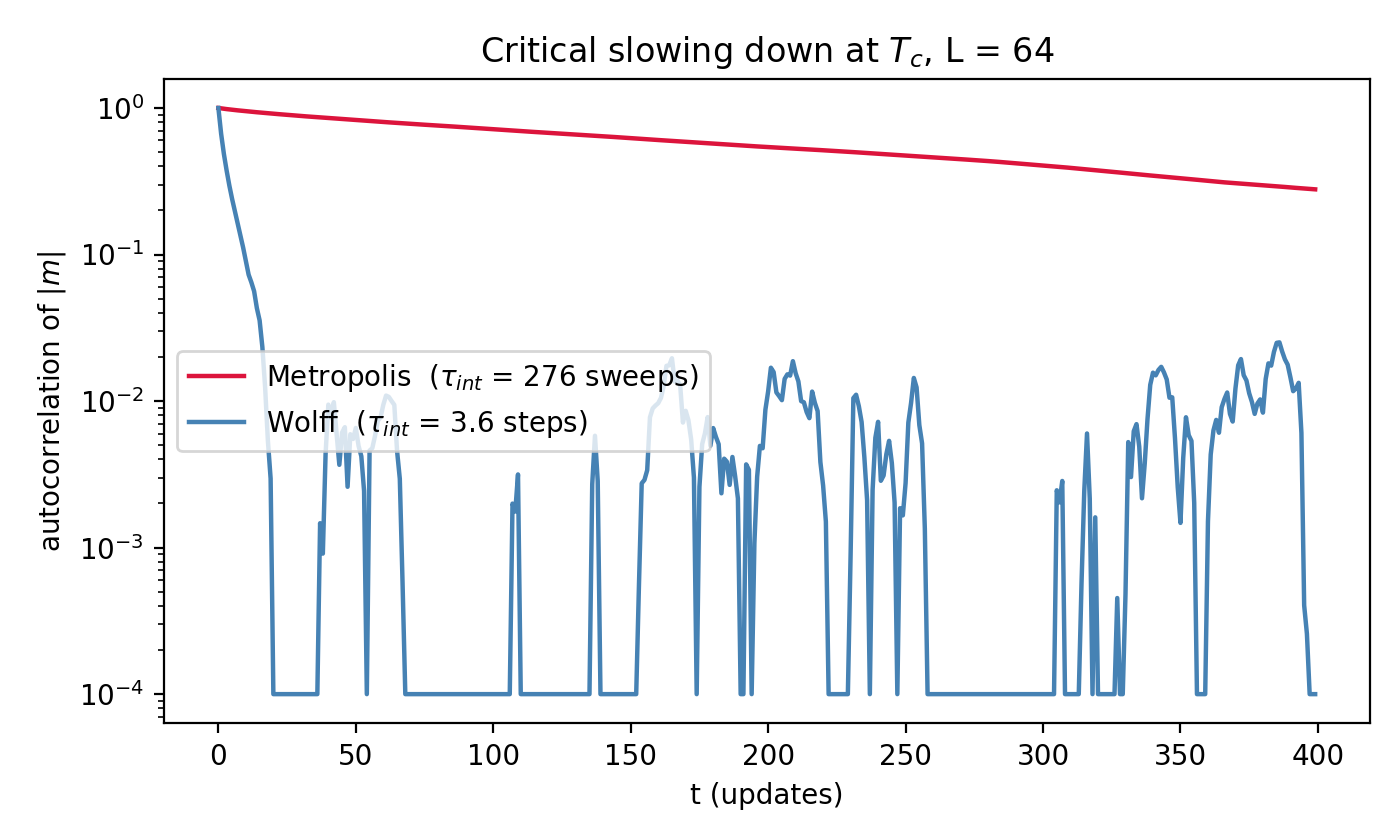 Autocorrelation of |m| at Tc on a 64 by 64 lattice, log scale: the Metropolis curve decays over hundreds of sweeps while the Wolff curve drops within a few cluster steps.