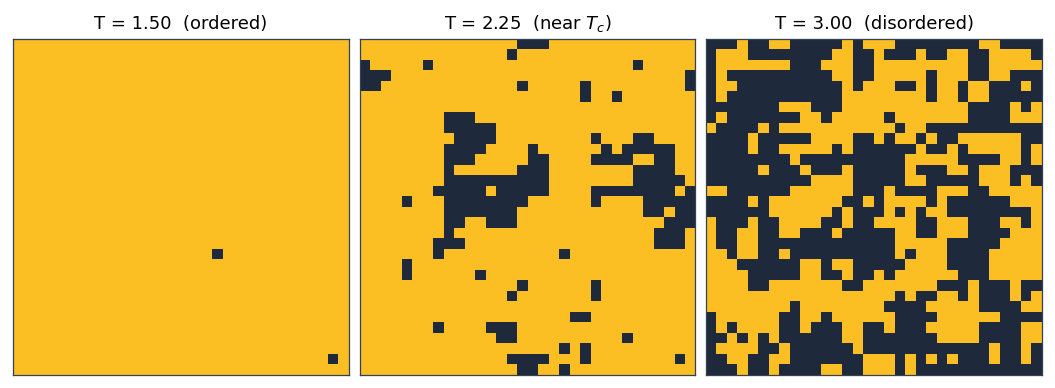 Three 32x32 lattice snapshots. T = 1.50 (ordered): nearly all spins are the same color, with a few small inclusions. T = 2.27 (near critical): nested clusters of both colors at every size scale, no single domain. T = 3.00 (disordered): salt-and-pepper noise, no long-range structure.